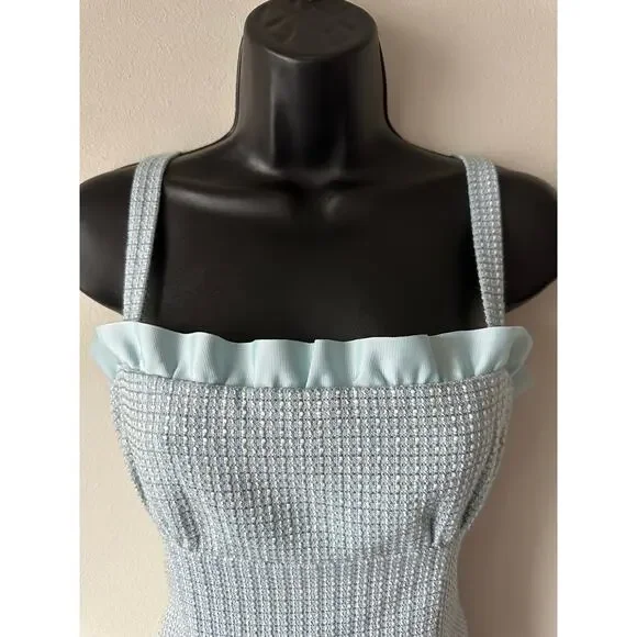 Vintage 90s Y2K Blue Tweed Mini Dress Coquette Boucle Ruffle Trim Size 8 - Picture 2 of 10